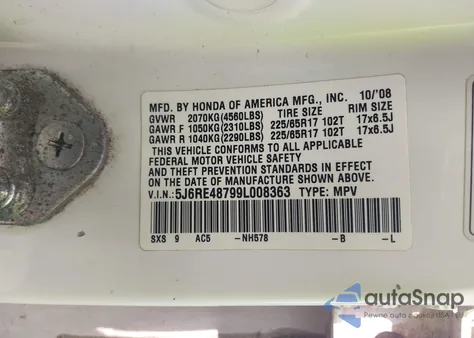 2009 Honda Cr-V Ex-L from USA, damaged, VIN 5J6RE48799L008363